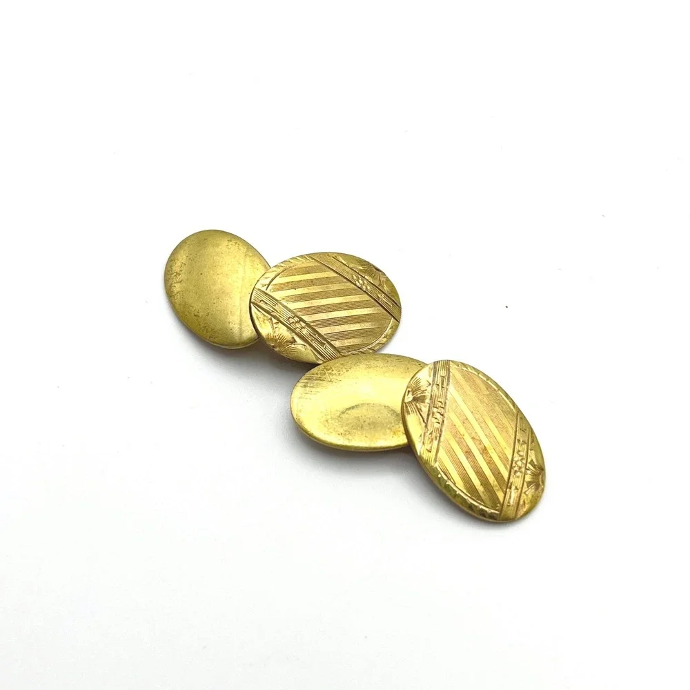 Vintage S&S‎ Gold Tone Etched Oval Double Sided Cufflinks Striped Floral Pattern